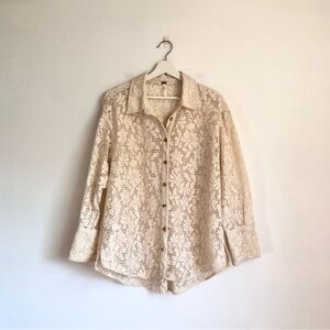 Free People In Your Dreams Floral Lace Button Up Shirt Top | Cream, Size Small